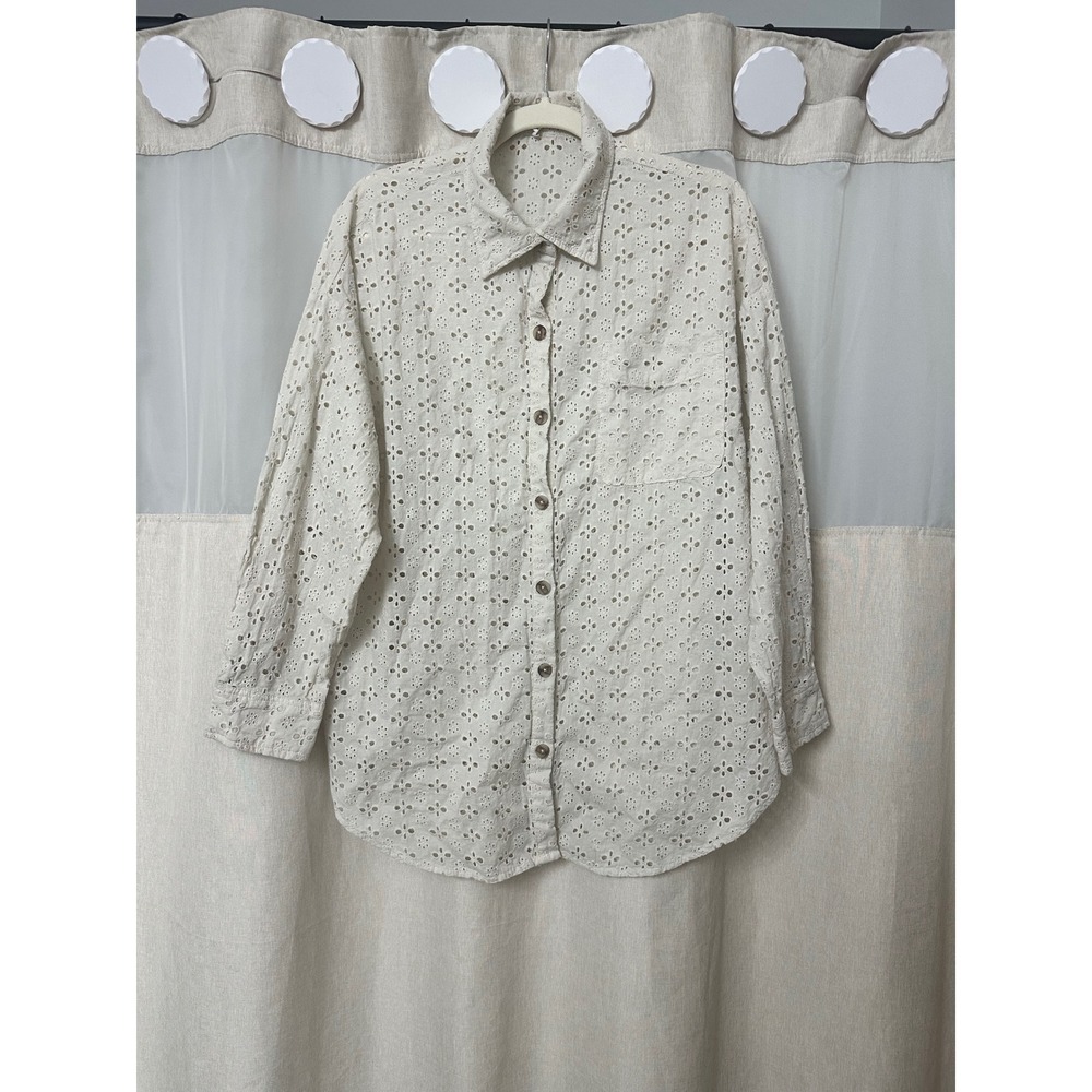 Maurices Womens Eyelet Lace Button Down Shirt 100% Cotton Long Sleeve‎ Boho Sz L